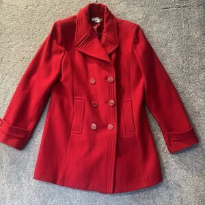 Dressbarn Pea Coat Womens M Red 100% Wool Double Breasted Winter Pea Coat Jacket